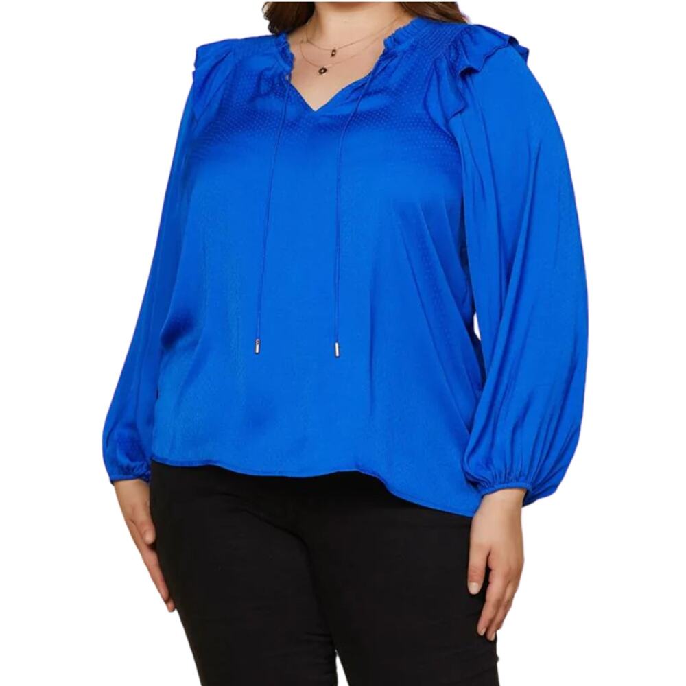 NWT SKIES ARE BLUE Women's Plus Puff Sleeve Front Tie Ruffle Trim Blouse